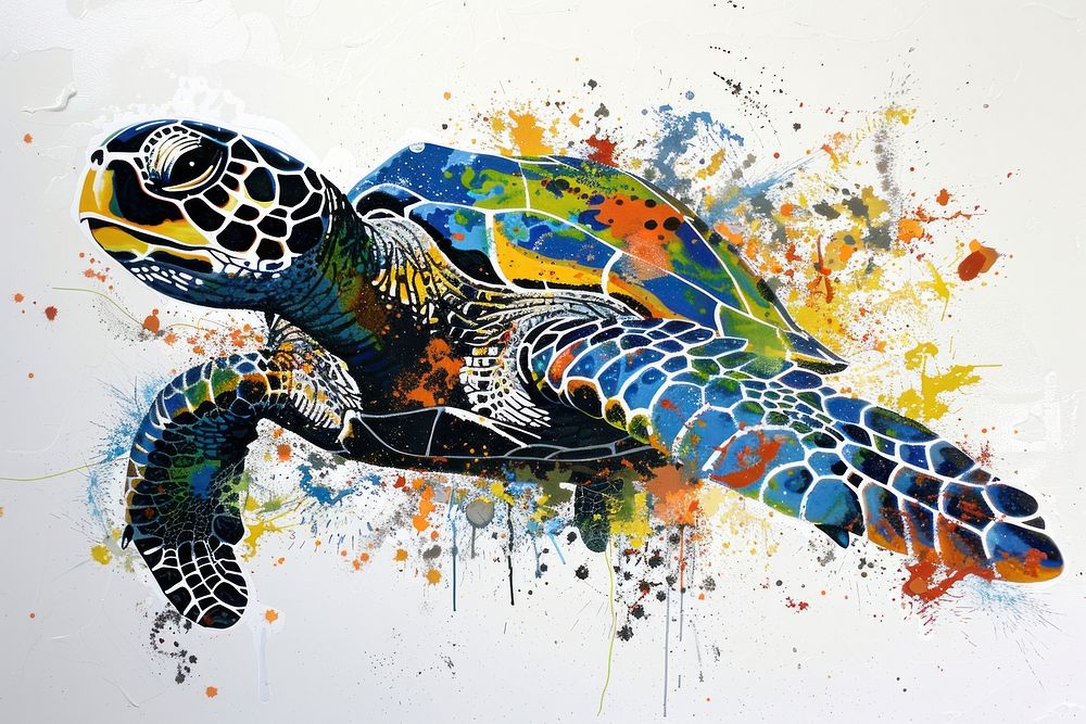 Acrylic pouring paint on turtle reptile animal art.