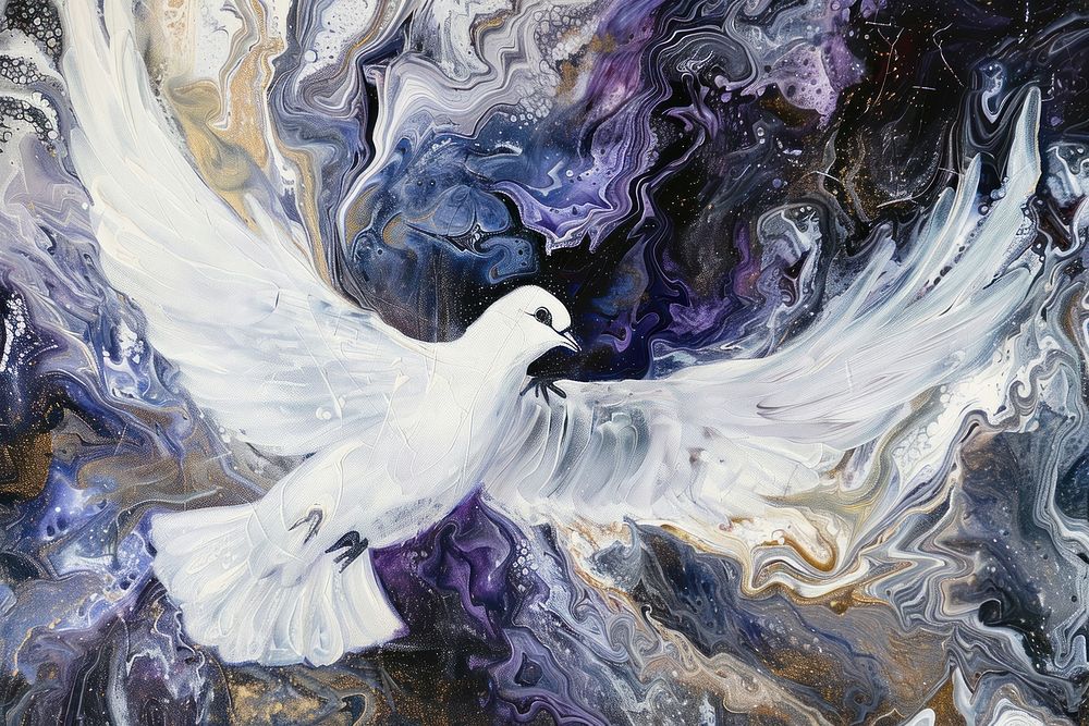 Dove acrylic pour painting abstract white bird.