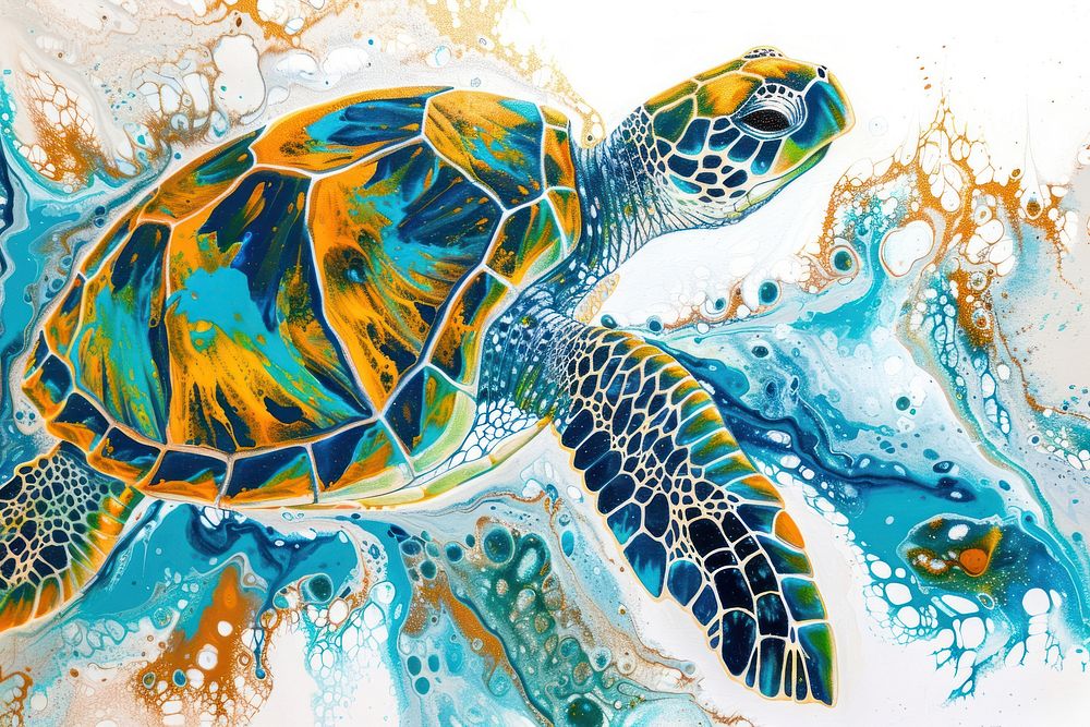 Sea turtle acrylic pour painting abstract reptile animal.