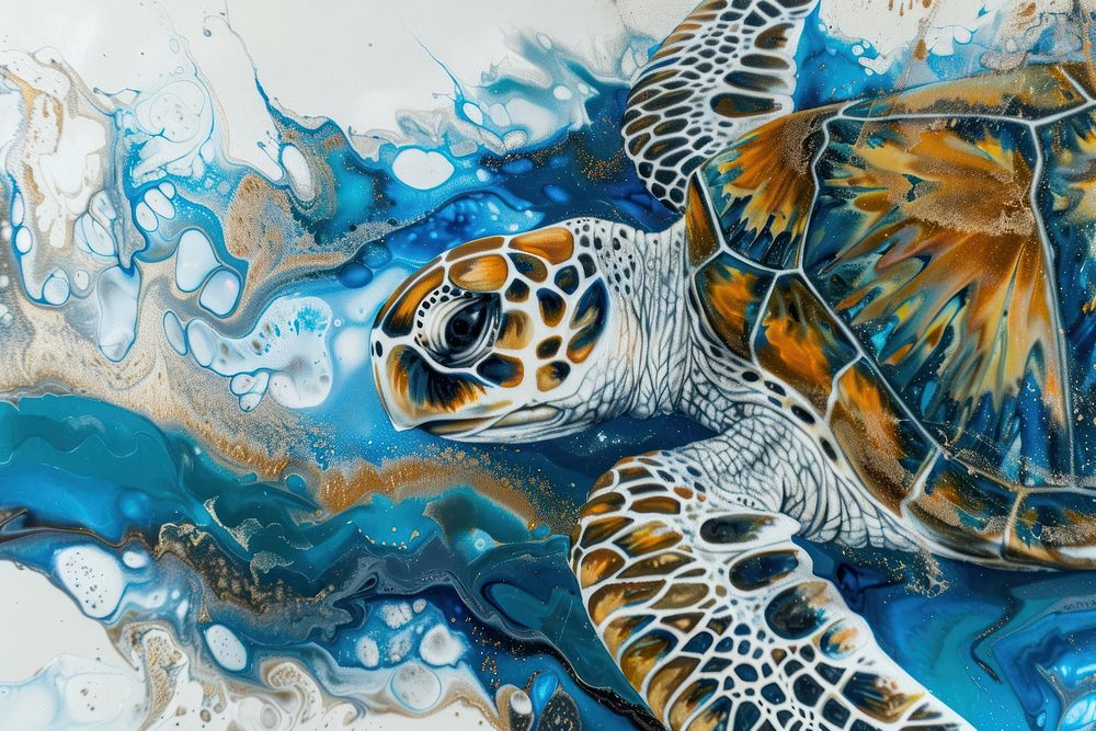 Sea turtle acrylic pour painting reptile animal backgrounds.