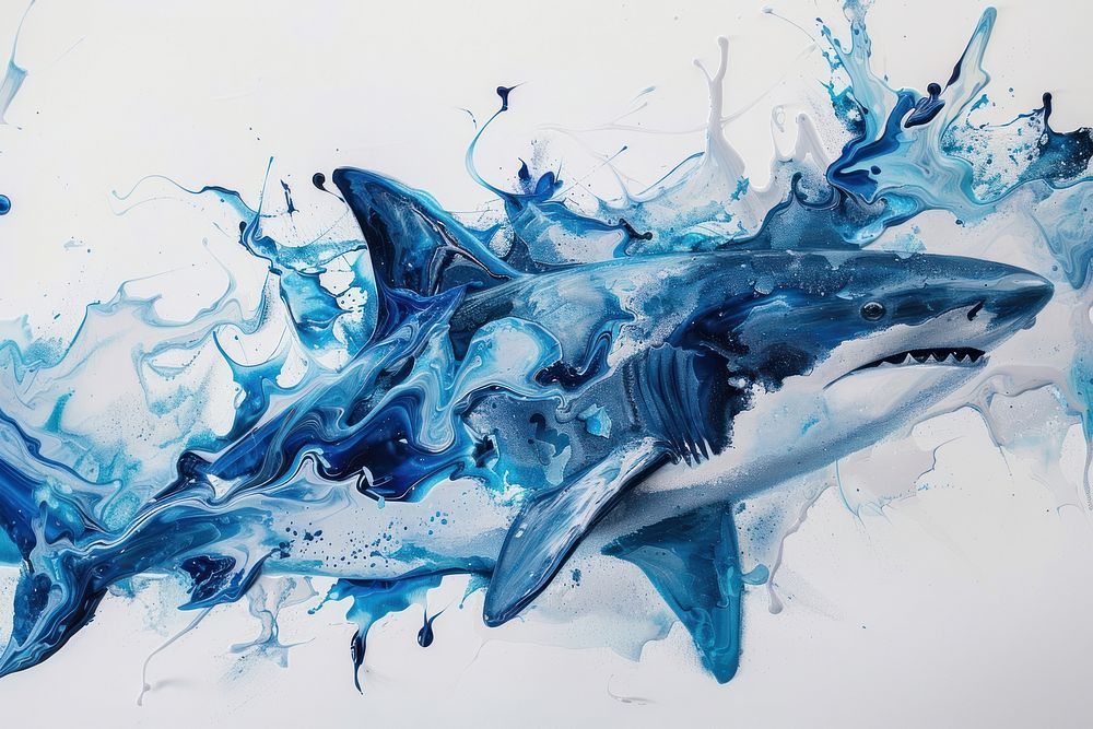 Shark acrylic pour painting abstract animal fish.