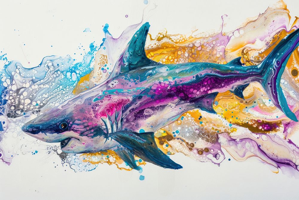 Shark acrylic pour painting animal fish art.