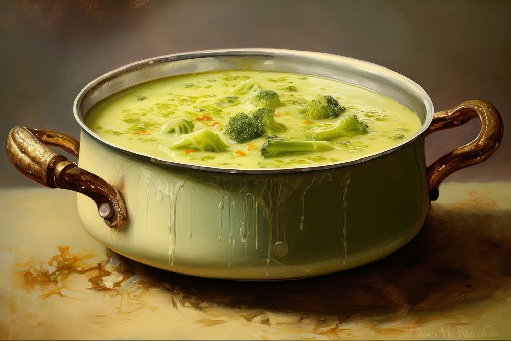 Close up on pale vegetables soup food dish bowl.
