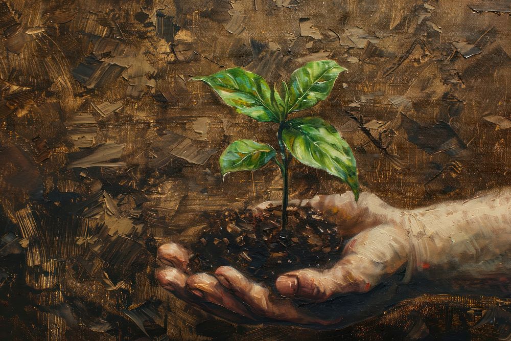 Close up on pale hand holding a soil with a growing plant painting art agriculture.