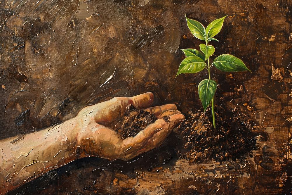 Close up on pale hand holding a soil with a growing plant painting gardening planting.