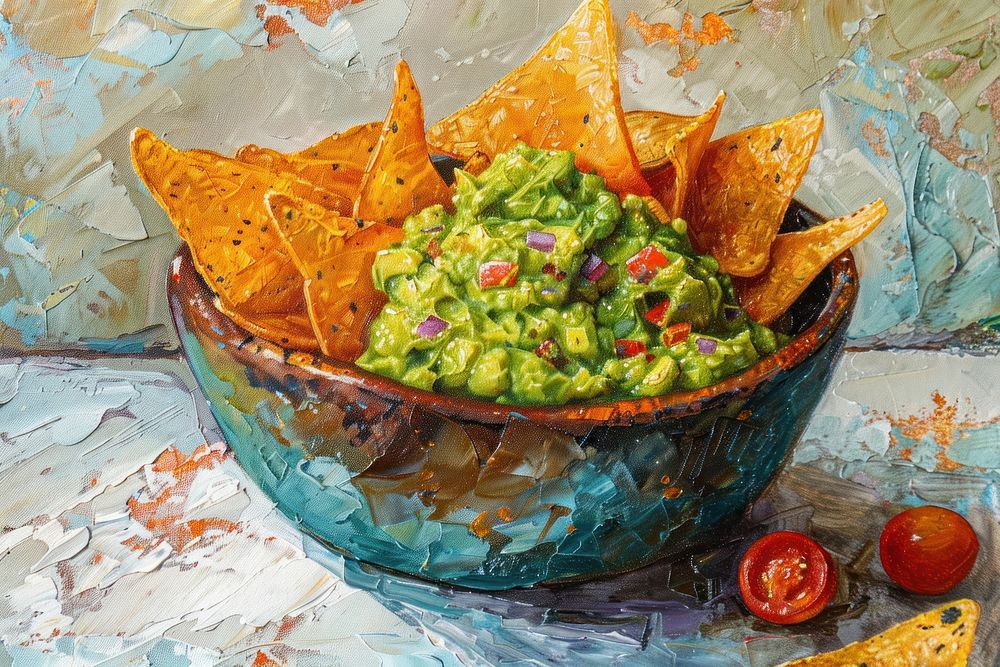 Close up on pale bowl of guacamole with nachos dip on it painting food vegetable.
