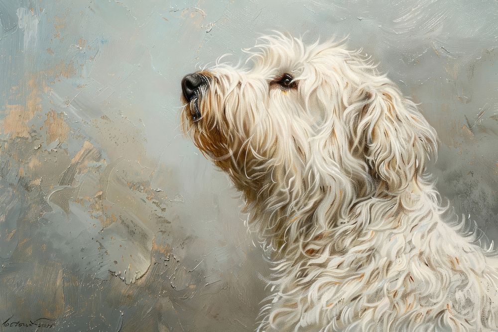 Close up on pale komondor dog painting terrier animal.
