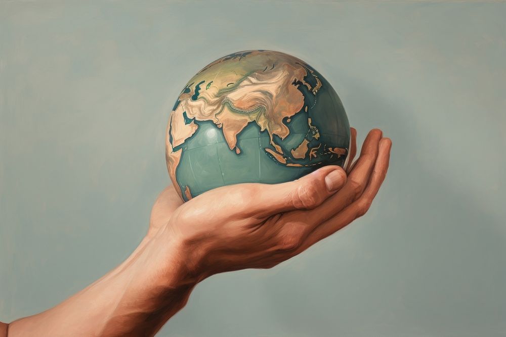 Close up on pale hand holding earth sphere planet globe.