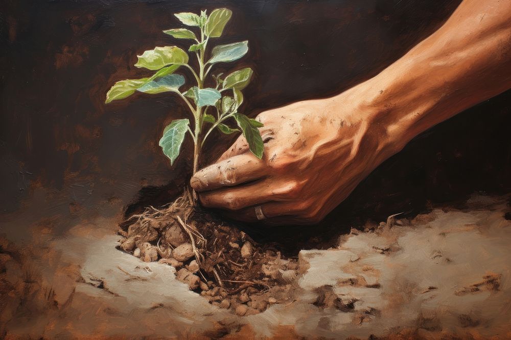 Close up on pale hand holding a soil with a growing plant gardening planting outdoors.