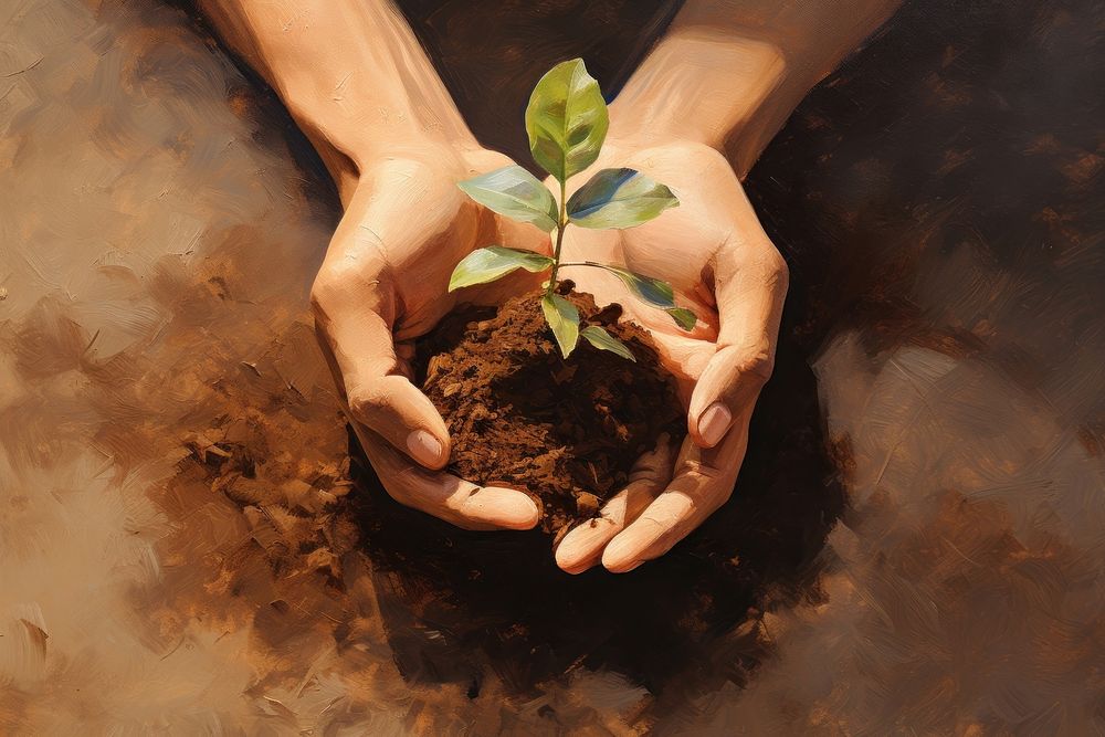 Close up on pale hand holding a soil with a growing plant gardening planting outdoors.