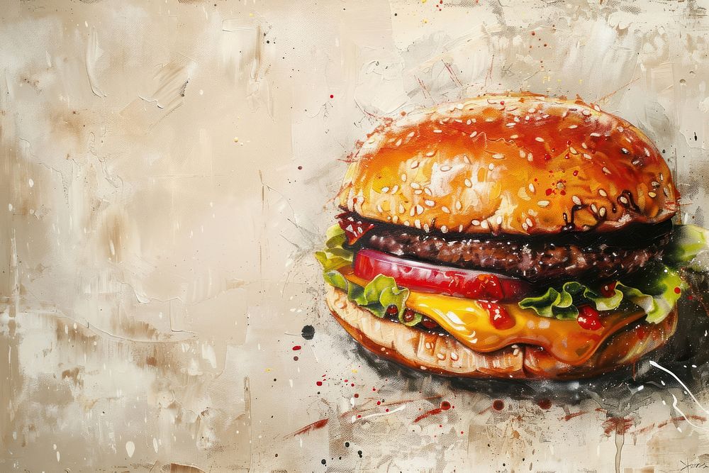Close up on pale hamburger painting food vegetable.