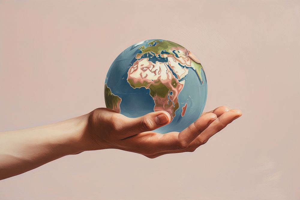 Clsoe up on pale hand holding earth planet sphere globe.