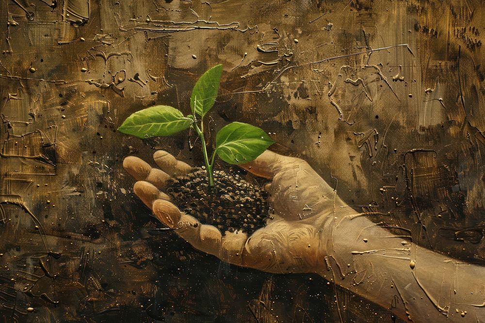 Close up on pale hand holding a soil with a growing plant painting leaf art.