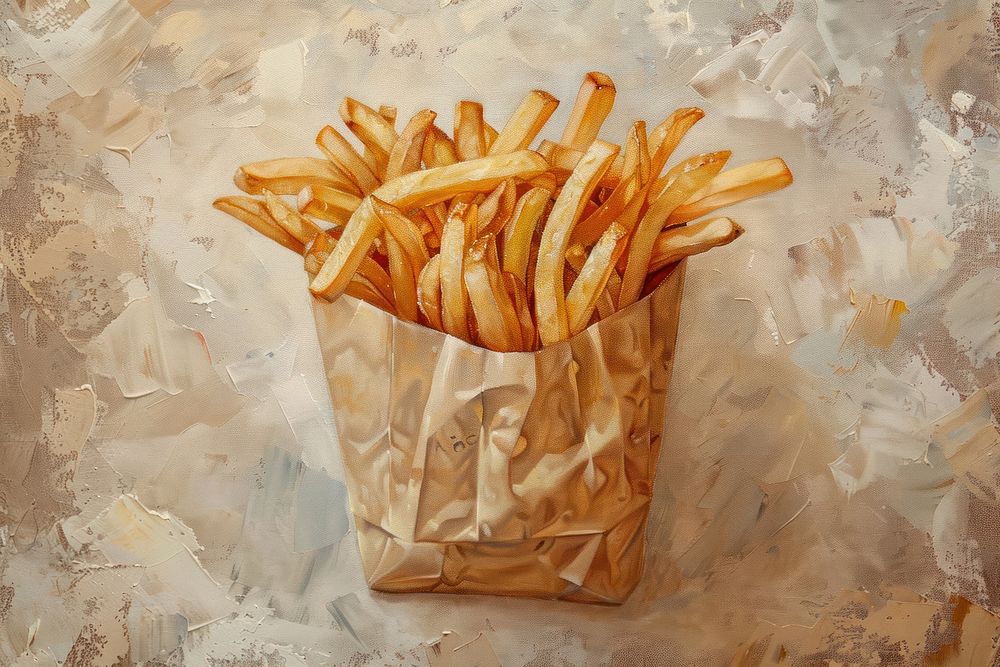 Close up on pale french fries in a paper pouch food freshness snack.