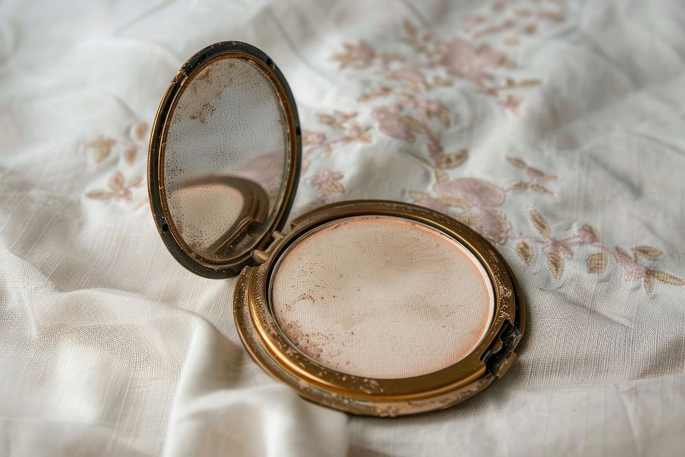 Close up on pale powder compact with mirror jewelry locket accessories.