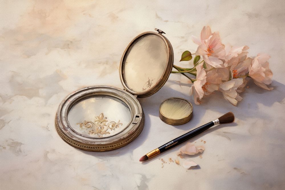 Close up on pale powder compact with mirror accessories container cosmetics.