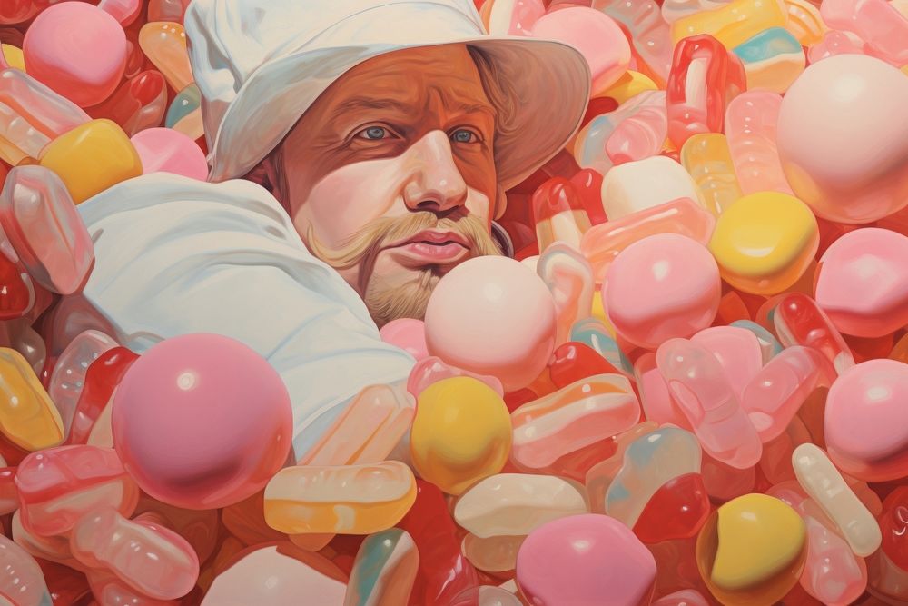 Close up on pale rapper candies painting confectionery medication.
