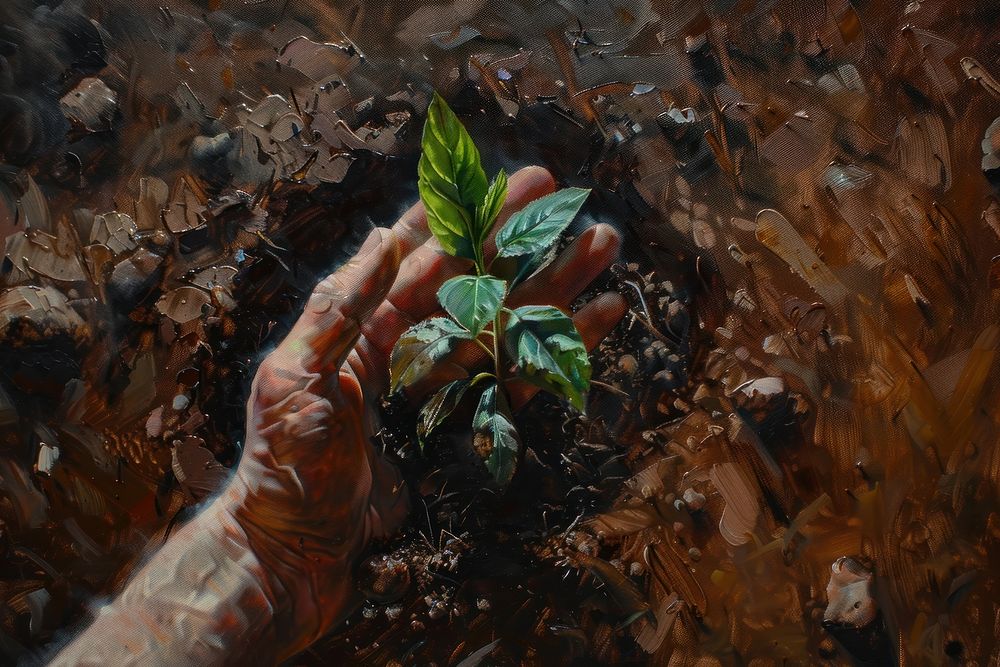 Close up on pale hand holding a soil with a growing plant painting gardening outdoors.