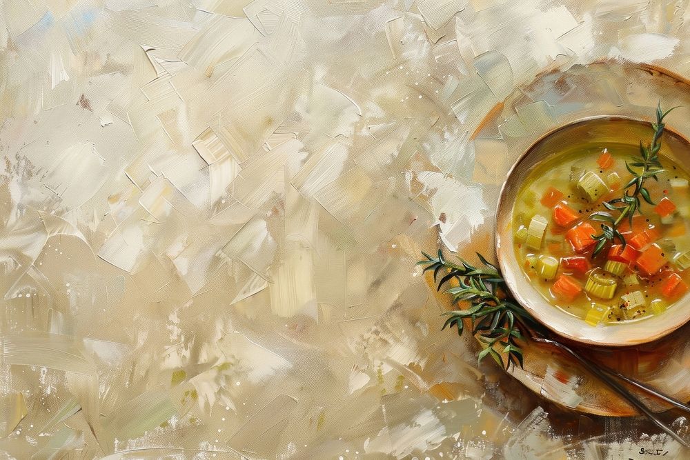Close up on pale vegetables soup painting bowl dish.