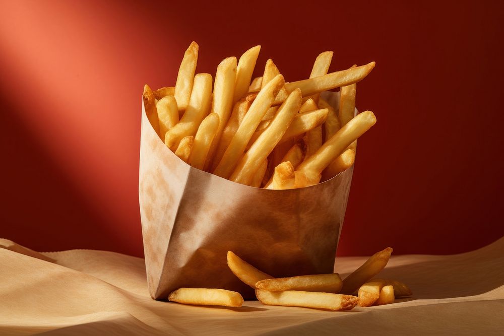 Close up on pale french fries in a paper pouch food condiment freshness.