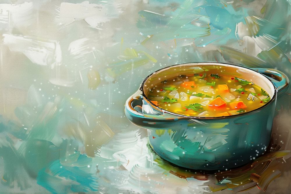 Close up on pale vegetables soup painting dish bowl.