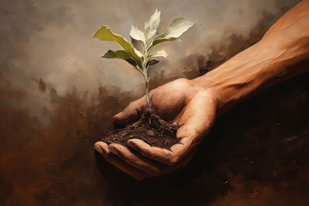 Close up on pale hand holding a soil with a growing plant gardening planting outdoors.