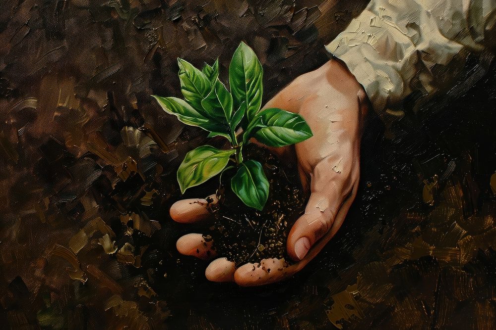 Close up on pale hand holding a soil with a growing plant gardening planting nature.