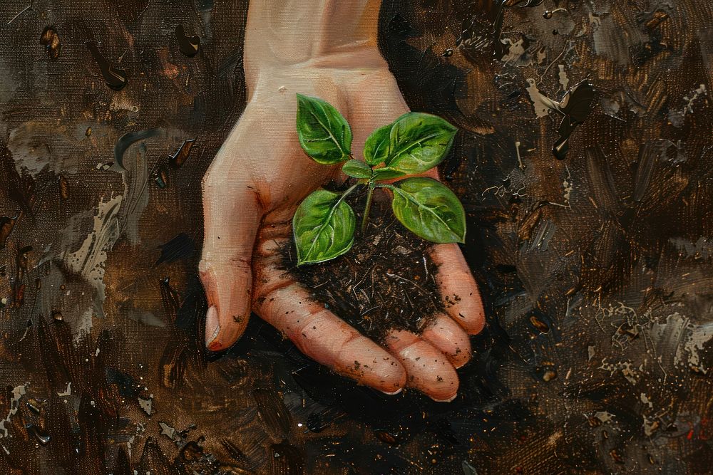 Close up on pale hand holding a soil with a growing plant painting gardening planting.