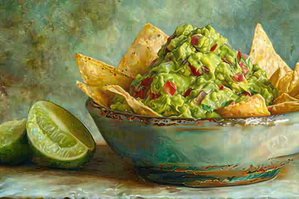 Close up on pale bowl of guacamole with nachos dip on it painting fruit food.