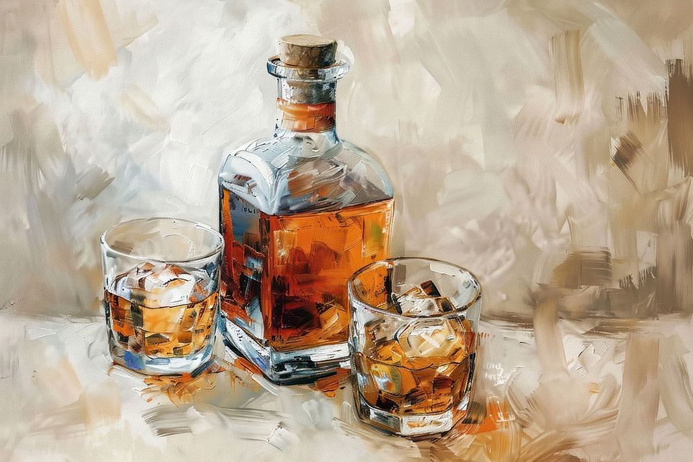 Close up on pale whiskey bottle with glasses of whiskey painting whisky drink.