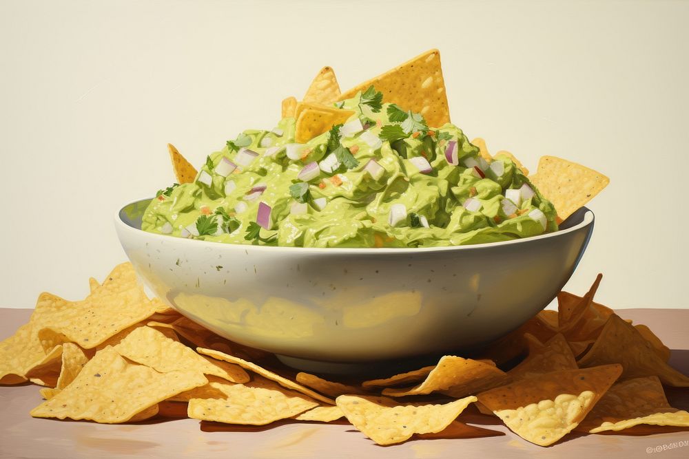 Close up on pale bowl of guacamole with nachos dip on it snack food vegetable.