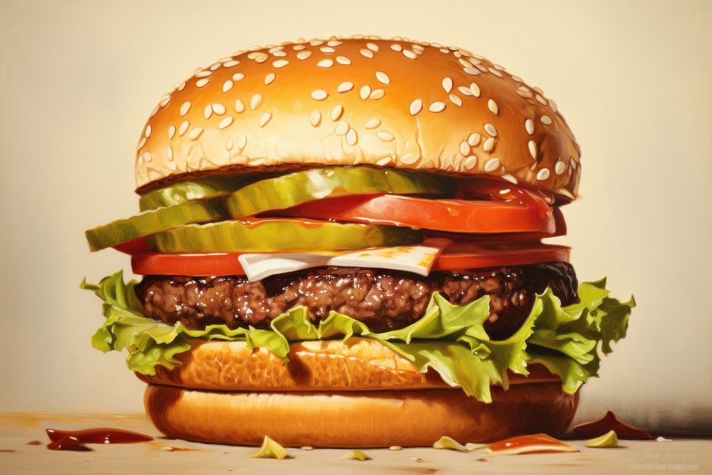 Close up on pale hamburger food vegetable condiment.
