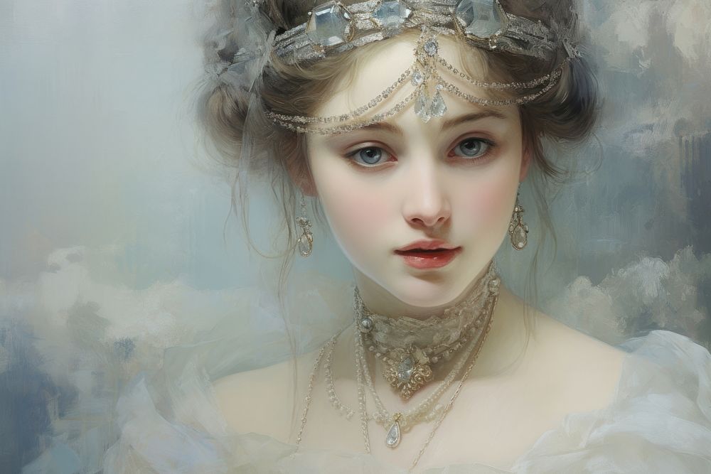 Close up on pale jewellery necklace portrait painting.