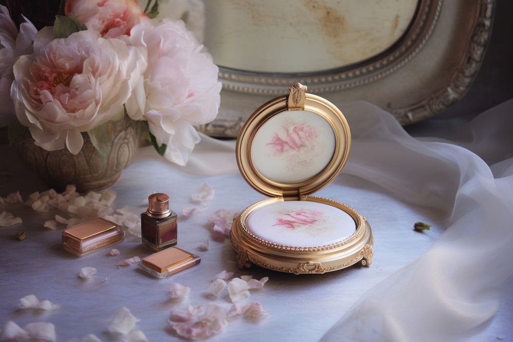 Close up on pale powder compact with mirror cosmetics flower accessories.