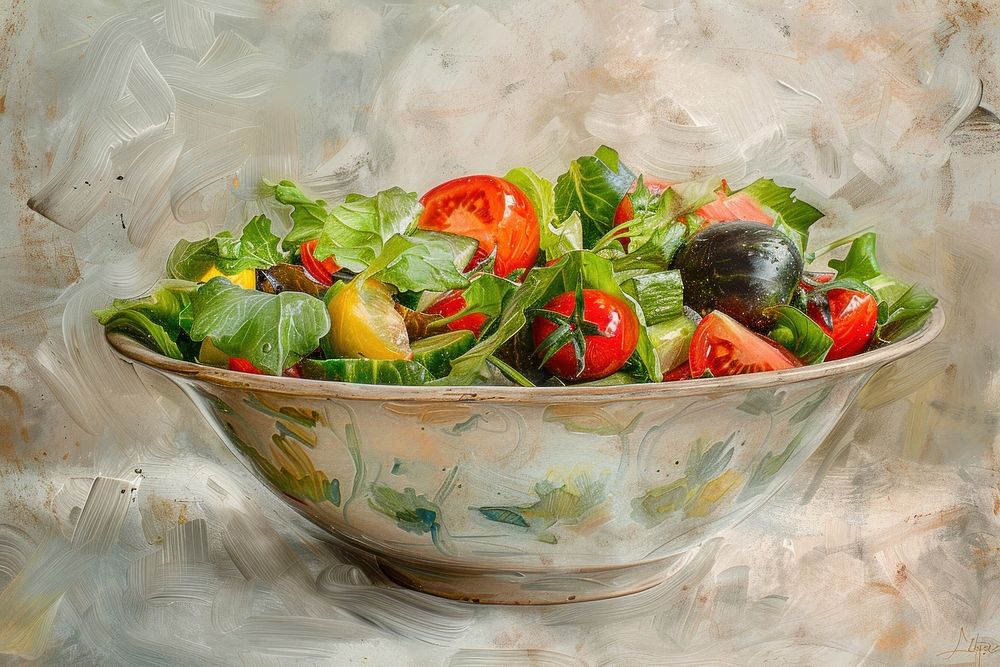 Close up on pale bowl of salad vegetable painting plant.