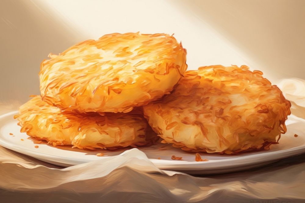 Close up on pale hash browns plate food confectionery.
