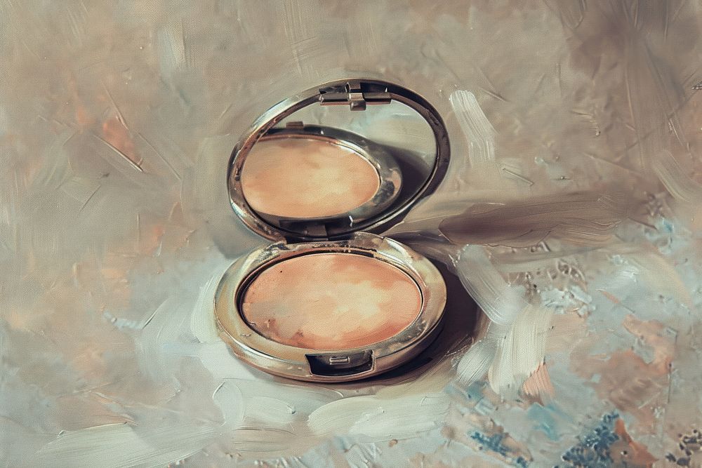 Close up on pale powder compact with mirror painting accessories cosmetics.