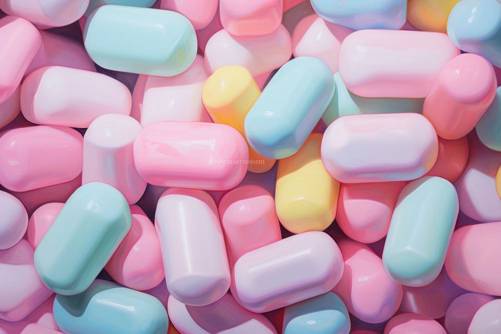 Close up on pale rapper candies confectionery backgrounds pill.