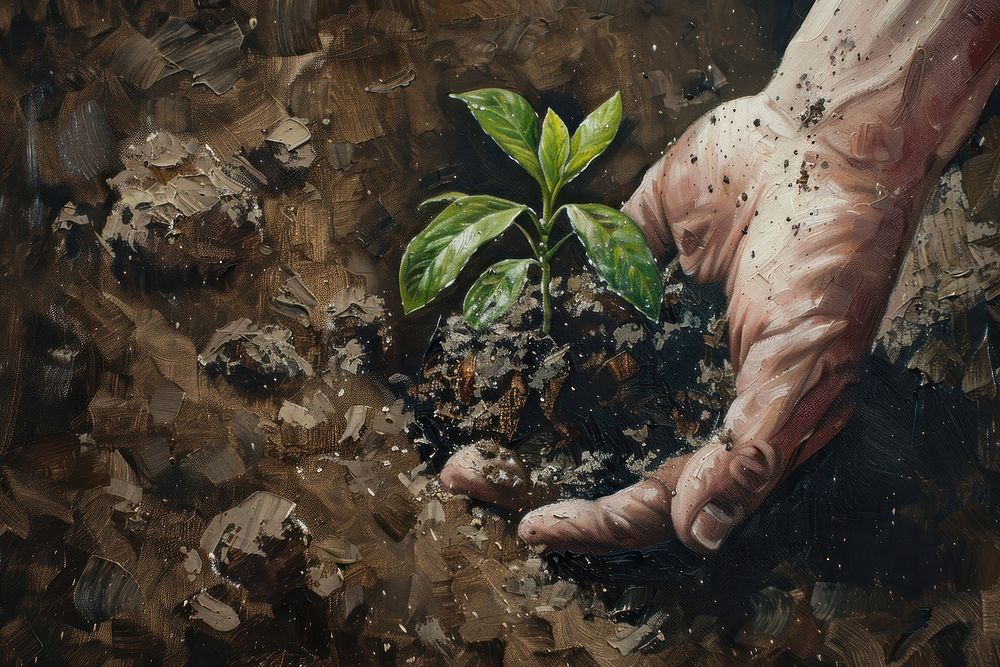 Close up on pale hand holding a soil with a growing plant painting planting outdoors.