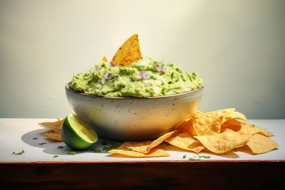 Close up on pale bowl of guacamole with nachos dip on it food vegetable condiment.