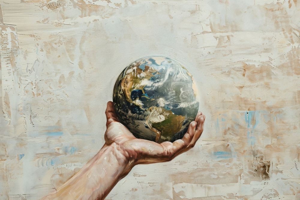 Close up on pale hand holding earth painting planet globe.