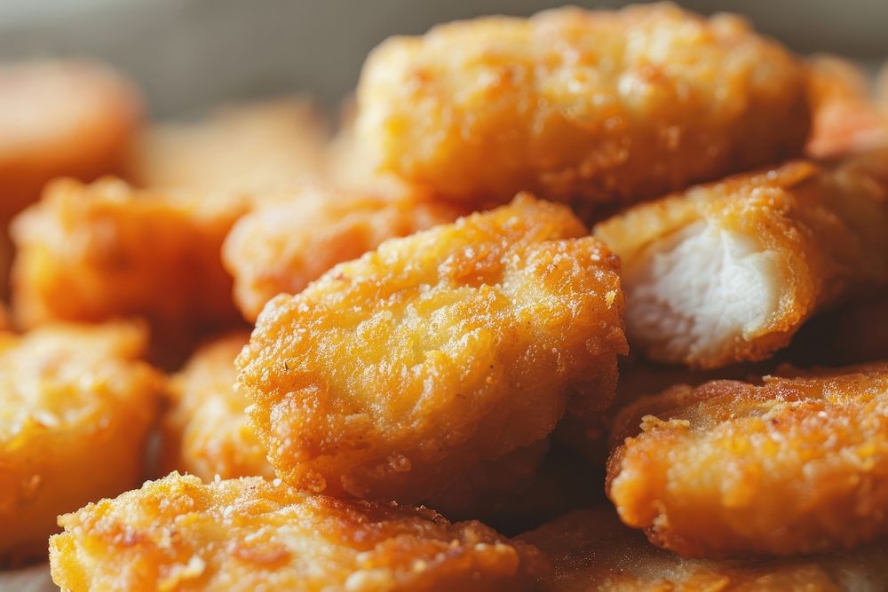 Close up on pale chicken nuggets food croquette freshness.