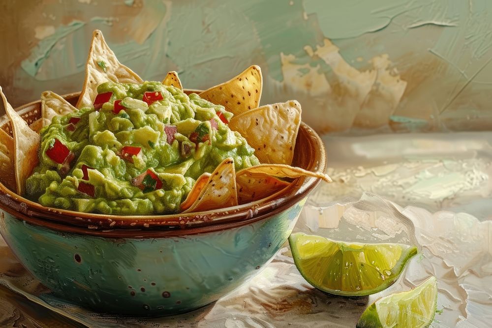 Close up on pale bowl of guacamole with nachos dip on it food vegetable freshness.