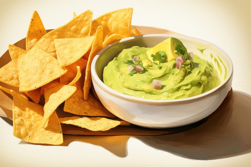 Close up on pale bowl of guacamole with nachos dip on it plate food vegetable.