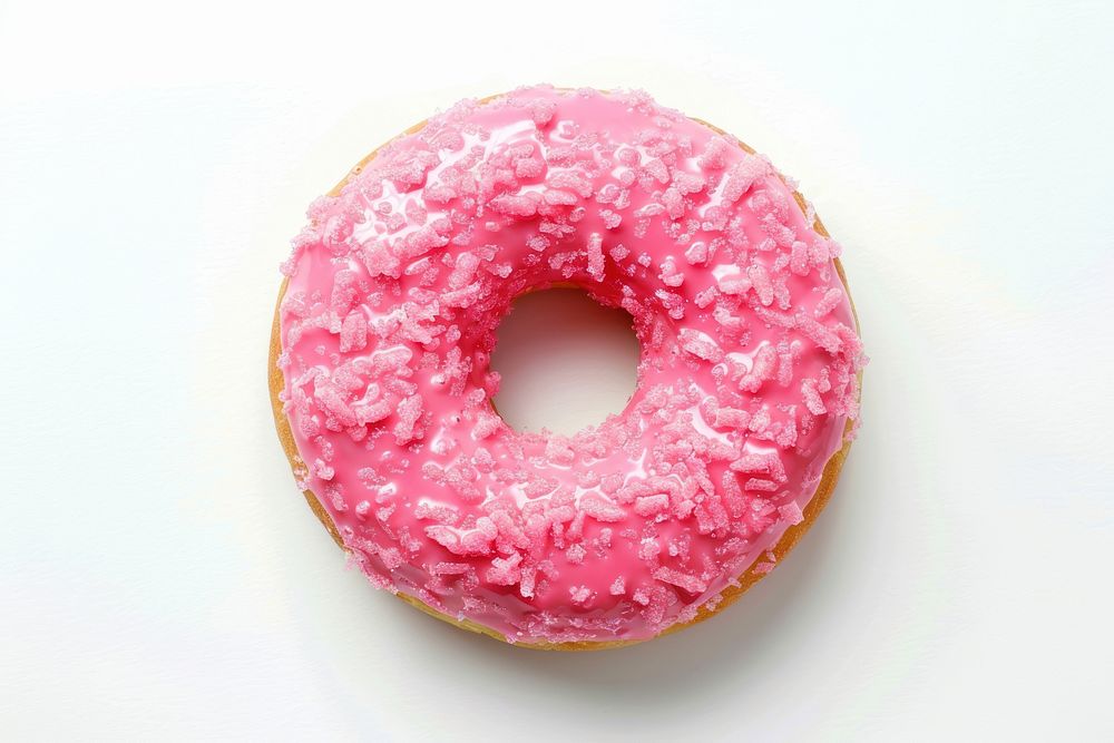 Pink donut dessert icing food.
