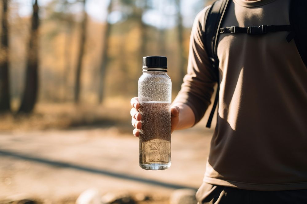 Close up of person holding water bottle adult refreshment exercising.