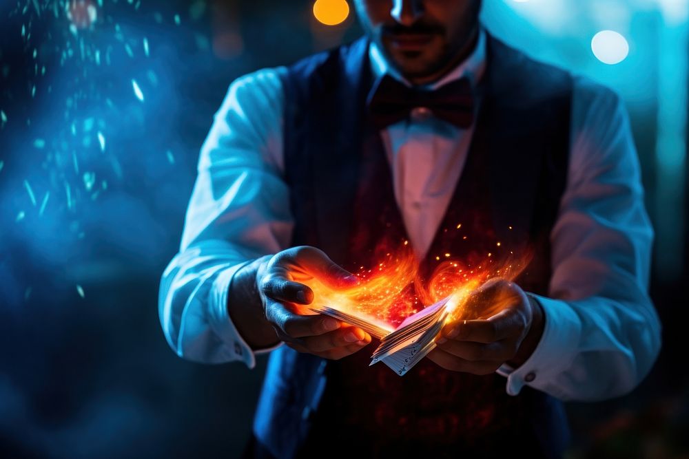 Close up of person performing magic tricks adult metalworking illuminated.