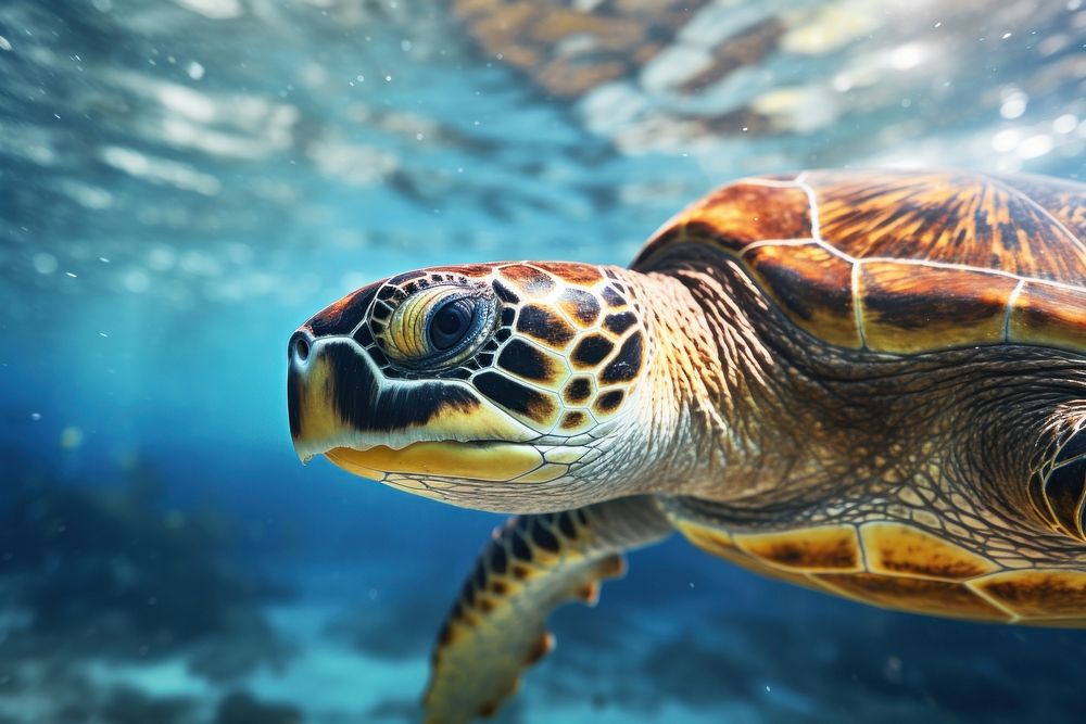 Close up of sea turtle reptile animal underwater.
