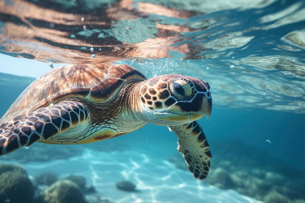 Close up of sea turtle underwater swimming outdoors.