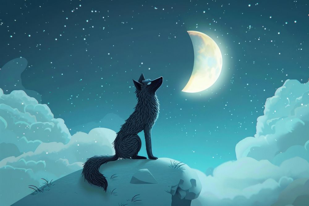 Cute moon and wolf background astronomy outdoors cartoon.